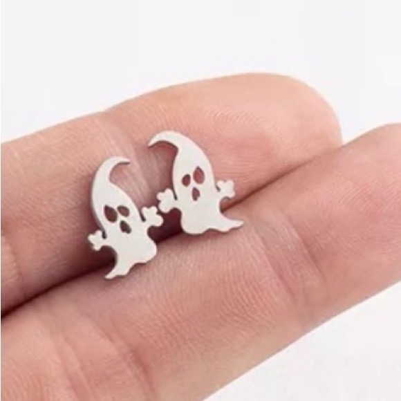 BOO! SILVER Stainless Steel Stud Halloween Stud Earrings with Gift Bag - Picture 2 of 4